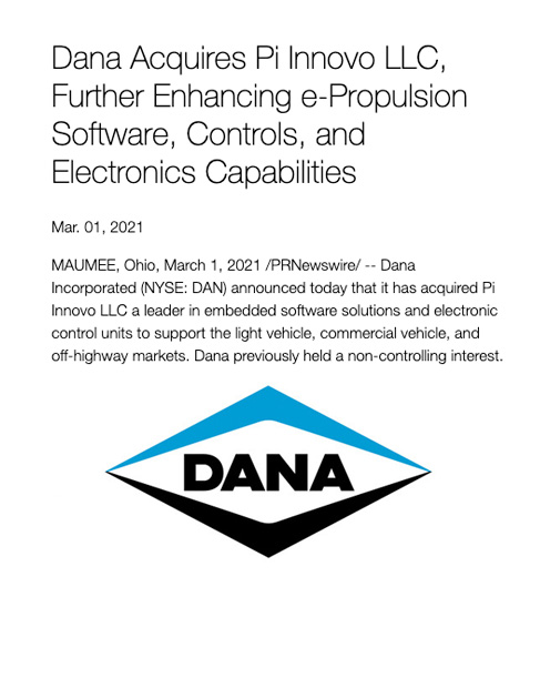Dana Acquires PI Innovo LLC, Further Enhancing e-Propulsion Software, Controls, and Electronics Capabilities